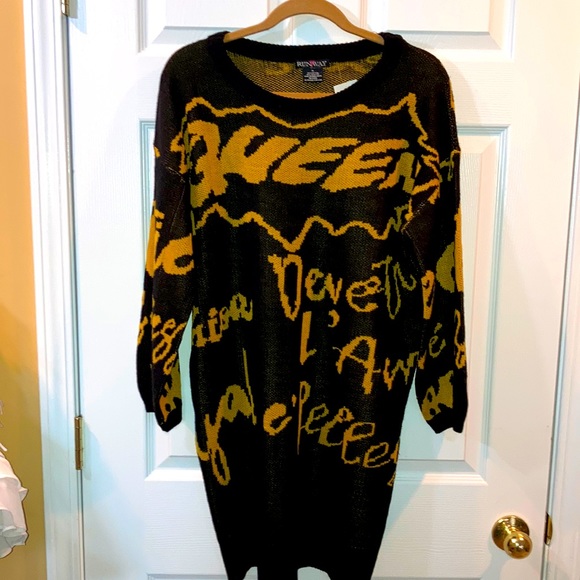 Runway 7 Graphic Black Gold Print Sweater Dress Sz 1X - Picture 3 of 10
